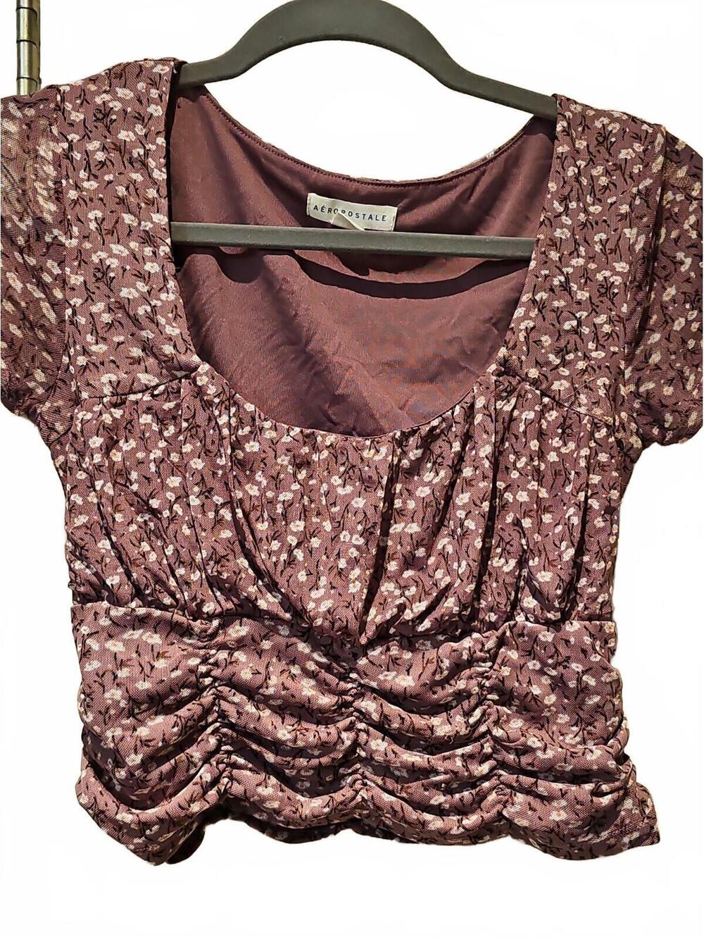 Aeropostale Mauve Ditsy Floral Ruched Mesh Lined Crop Top S Square Neck Peasant